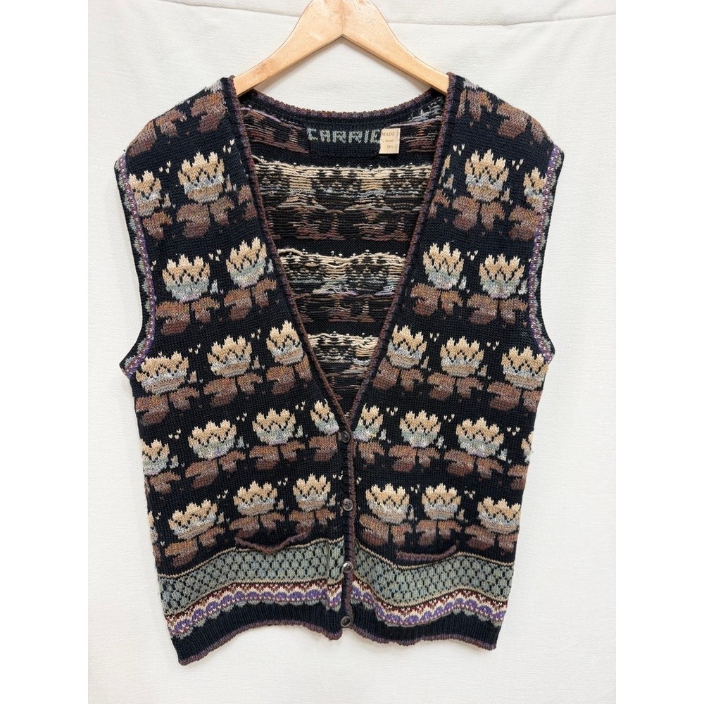 Carrie Vintage Wool Tulip Floral Knit Button Sweater Vest Wales Women Medium